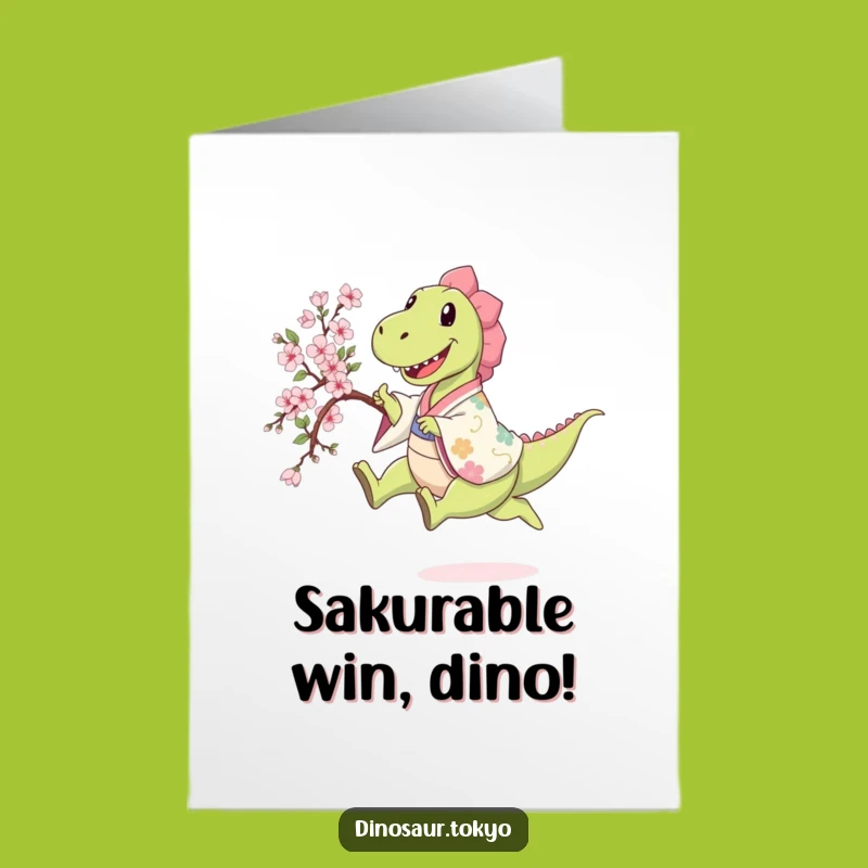 Free Printable Congrats Card: Dino's Sakura Leap, Joyful Achievement, Funny & Bright, Downloadable!