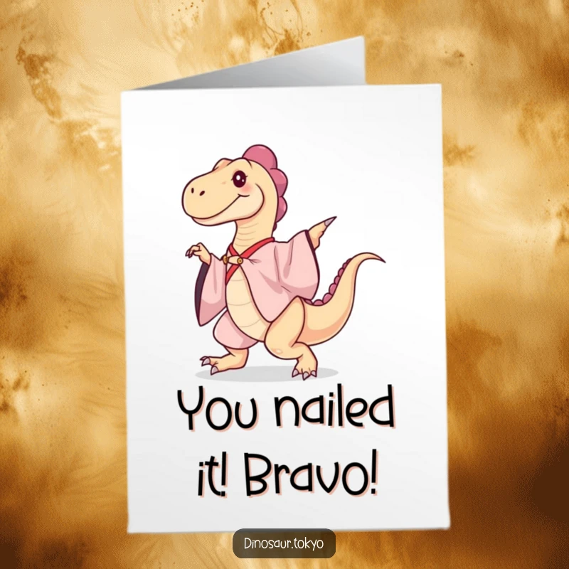 Funny free printable congratulations card of a dinosaur in a kimono performing a graceful dance move to celebrate.