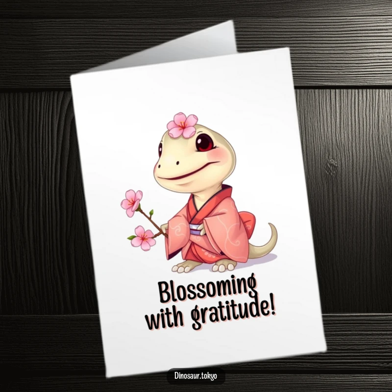 Funny Free Printable Thank You Card: A small Compsognathus in a kimono offers a cherry blossom in thanks.