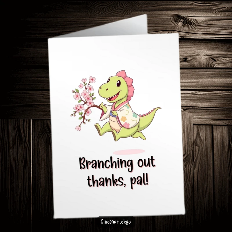 Funny Free Printable Thank You Card: Happy dinosaur in patterned kimono leaps holding a sakura branch, expressing thanks with delight.