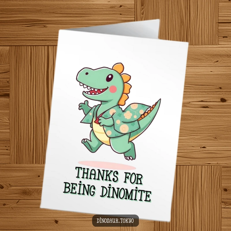 Funny Free Printable Thank You Card of a playful dinosaur in a patterned kimono leaping happily to express thanks.