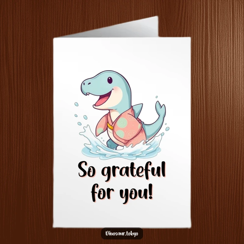 Funny Free Printable Thank You Card: An Ichthyosaurus in a kimono joyfully splashes water to convey thanks.