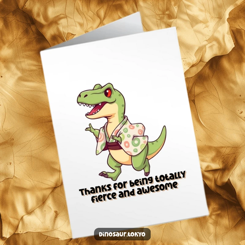 Funny free printable thank you card with a joyous velociraptor in a patterned kimono in a triumphant leap.