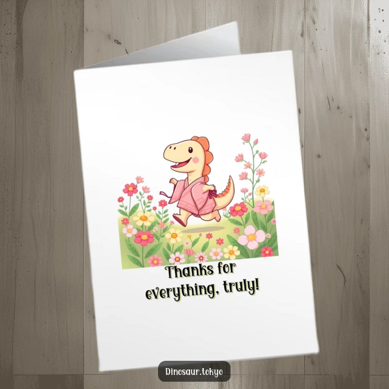 Funny Free Printable Thank You Card: Joyful kimono dinosaur skipping with flowers, sweet downloadable thank you.