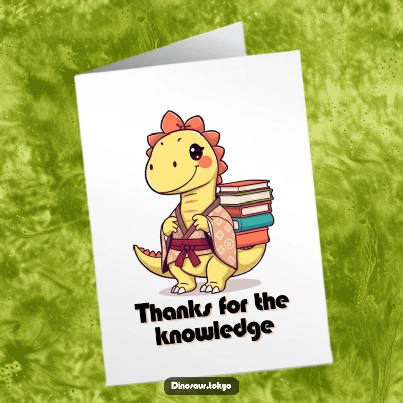 Funny free printable thank you card where a mischievous dinosaur in a kimono precariously balances books.