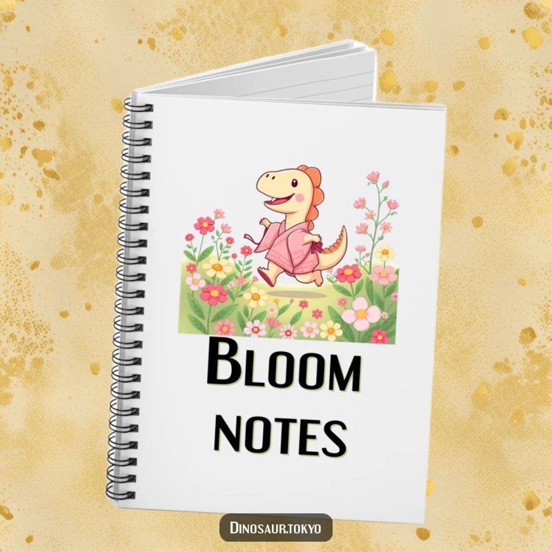 Funny notebook featuring a joyful dinosaur in a kimono skipping through blooming flowers, ideal for jotting down notes with a cheerful theme.