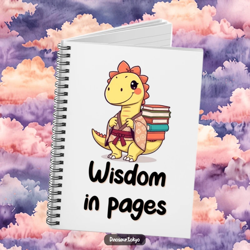 Funny Notebook: A mischievous dinosaur in a patterned kimono balances books, making this notebook a humorous and inspiring place for notes.