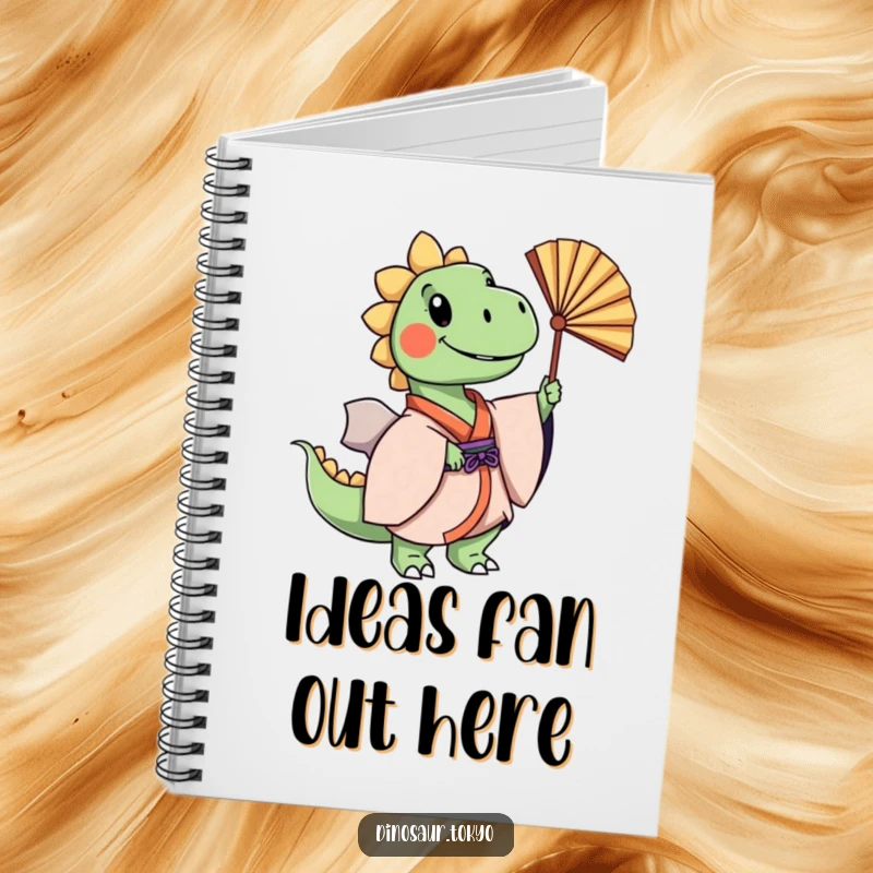 Funny cheerful dinosaur in a layered kimono gracefully swaying a fan, a humorous and practical notebook.