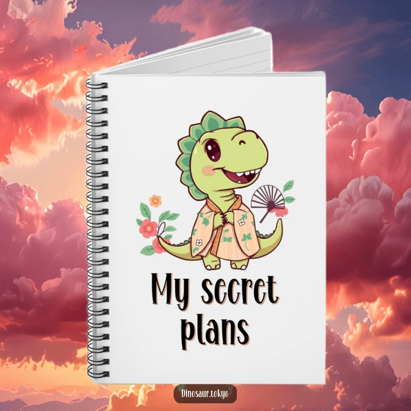Funny notebook featuring a curious dinosaur in a floral kimono, peeking from behind a decorative fan on the cover.