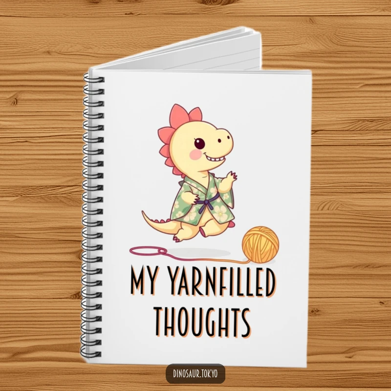Funny dinosaur in a floral kimono playfully kicking a ball of yarn, a humorous and functional notebook for notes.
