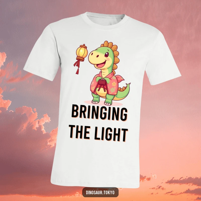 Funny T-Shirt: A joyful dinosaur in a vibrant kimono holds a lantern high, a humorous and bright design for happy people.
