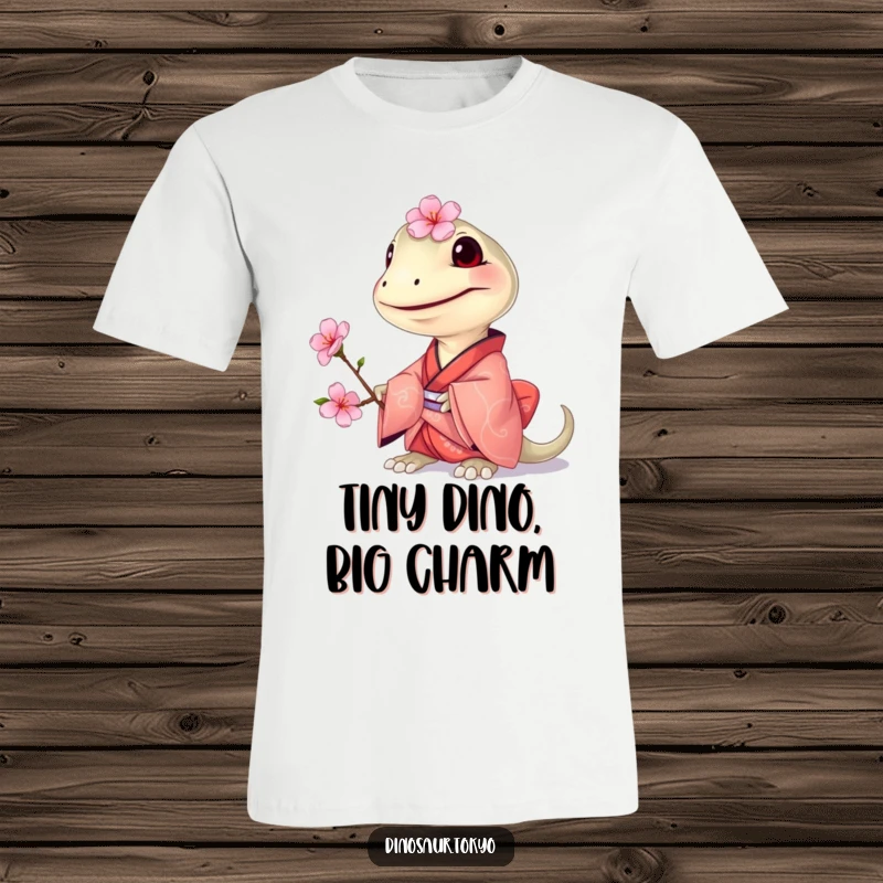 Funny Compsognathus Kimono T-Shirt showing a grinning tiny dinosaur in a small kimono, offering a cherry blossom for a charming look.