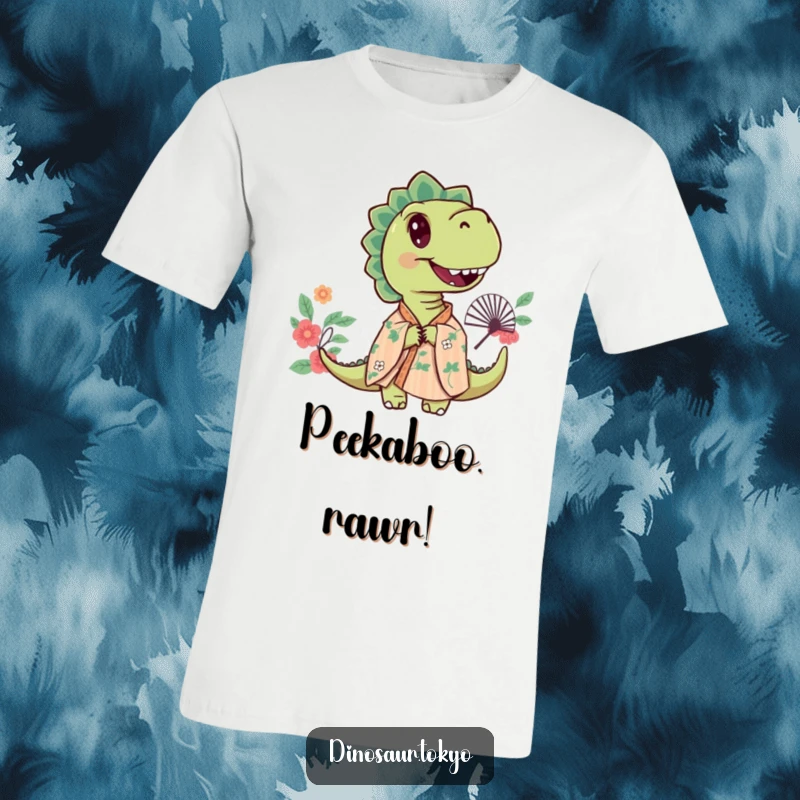Funny t-shirt featuring a curious dinosaur dressed in a floral kimono, peeking stealthily from behind a fan.