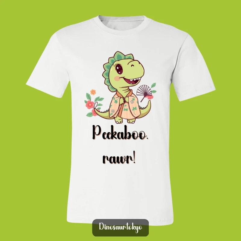 Funny Curious Dino T-Shirt, Floral Kimono Art, Peekaboo Style Gift