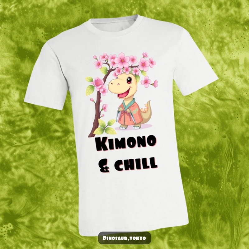 Funny t-shirt with a smiling dinosaur in a kimono, peeking playfully from behind cherry blossoms, showcasing a humorous and charming design.
