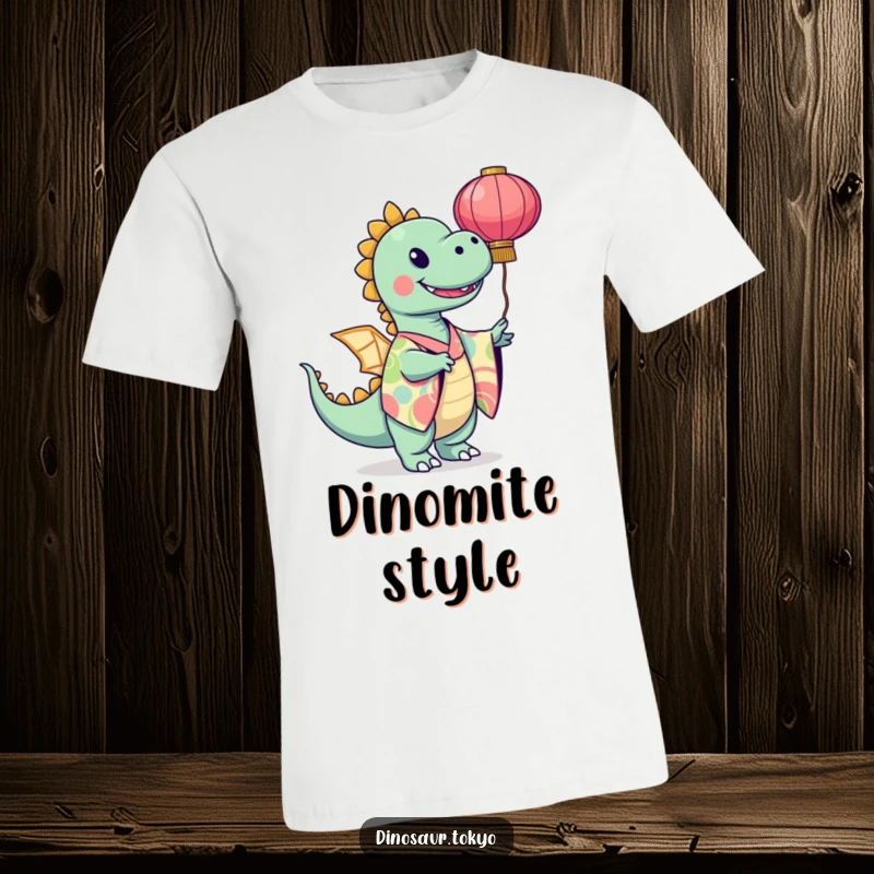 Funny dinosaur in a colorful kimono twirling a paper lantern, showcasing a whimsical and joyful artistic design.