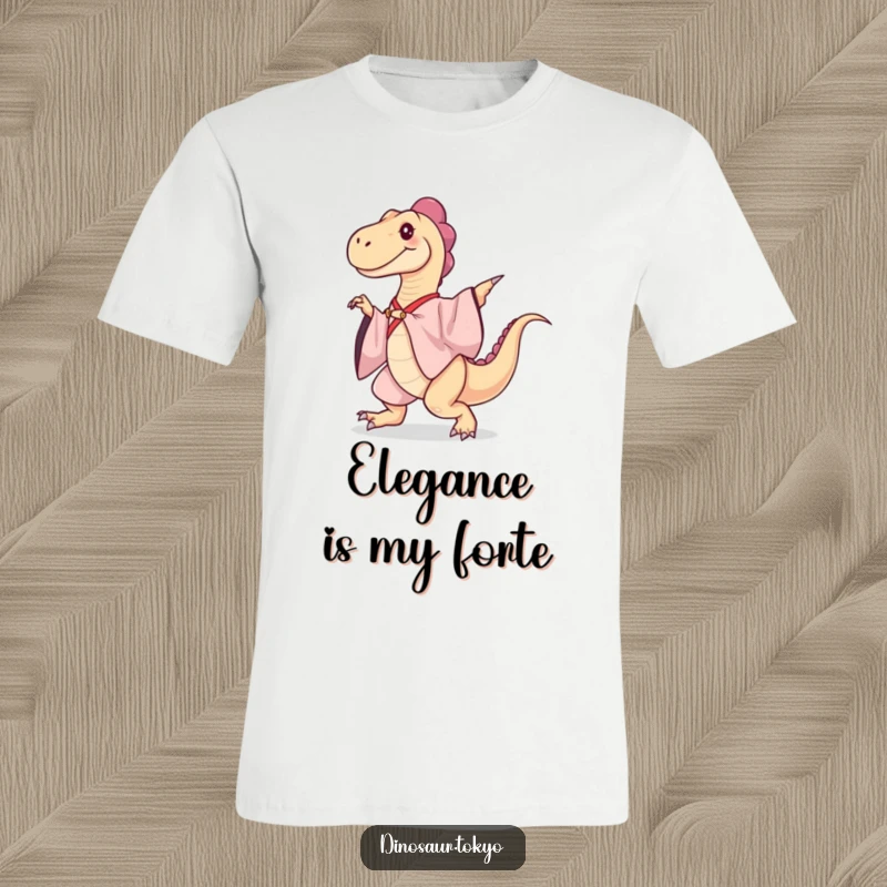 Funny T-Shirt: A dinosaur in a silk kimono performs an elegant dance move, showcasing its funny, artistic side.