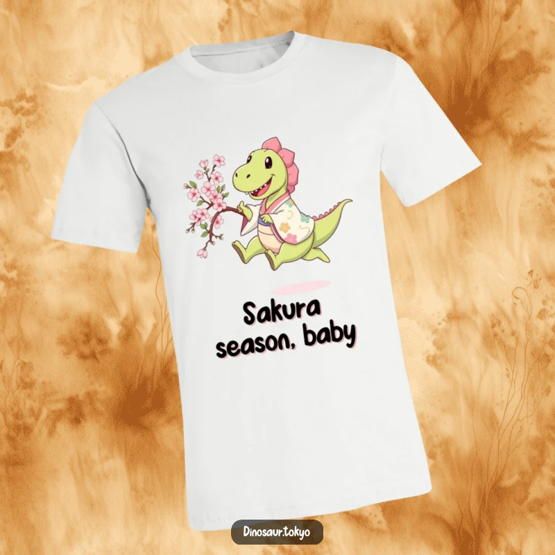 Funny happy dinosaur in a patterned kimono leaping while holding a sakura branch, a humorous and vibrant t-shirt.