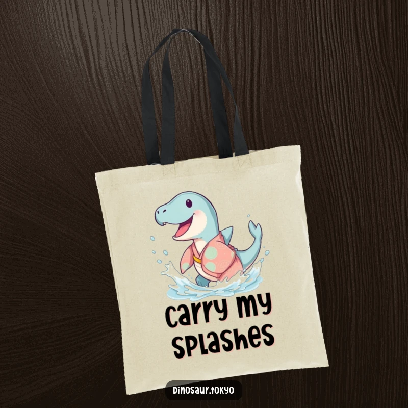 Funny Ichthyosaurus Kimono Tote Bag showing a happy ancient sea creature in a flowing kimono, doing a joyful splash for humorous errands.