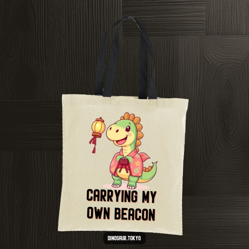 Funny Tote Bag: A joyful dinosaur in a vibrant kimono carries a lantern, making this bag a humorous and cheerful accessory.