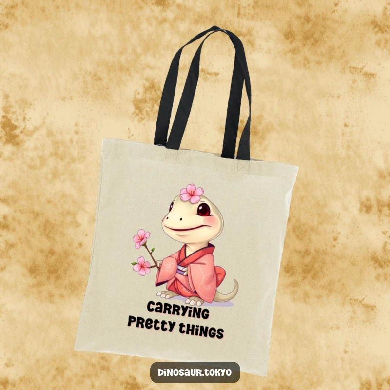 Funny Compsognathus Kimono Tote Bag showing a grinning tiny dinosaur in a small kimono, offering a cherry blossom for humorous shopping.