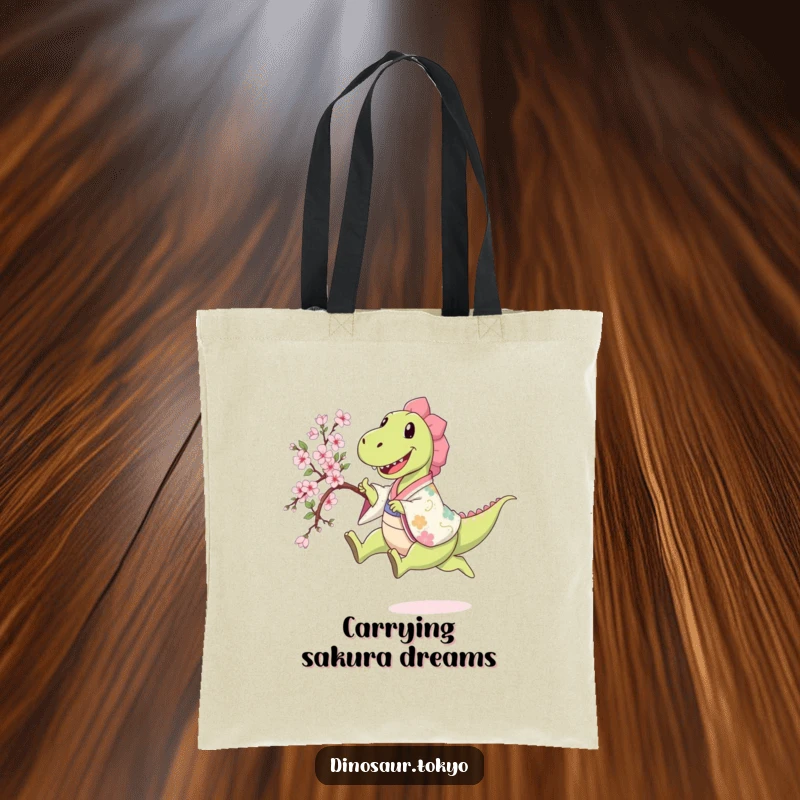 Funny happy dinosaur in a patterned kimono leaping while holding a sakura branch, a humorous and practical tote bag.