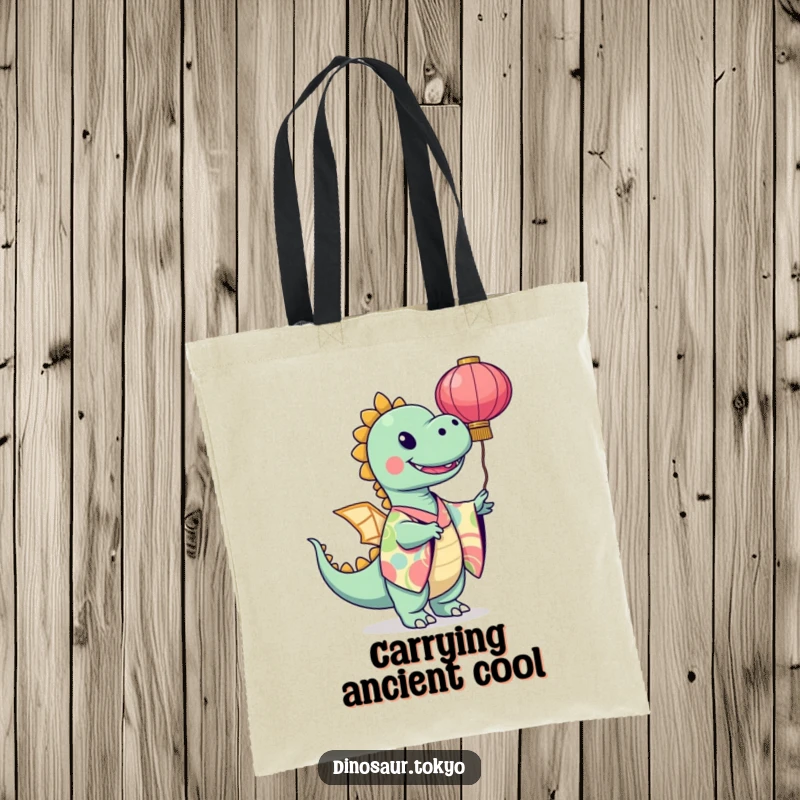 Funny dinosaur in a vibrant kimono twirling a paper lantern, a stylish and artistic tote bag for carrying essentials.