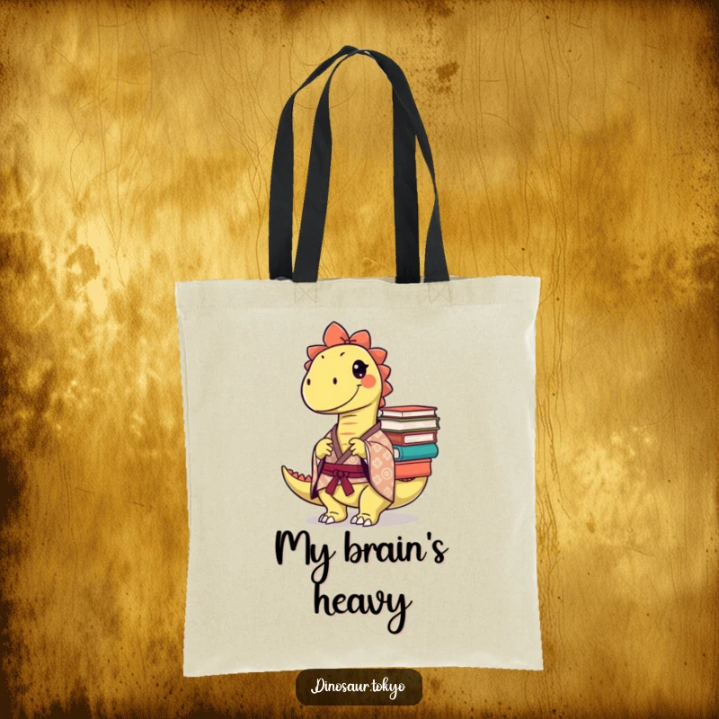 Funny Tote Bag: A mischievous dinosaur in a patterned kimono balances a stack of books, ideal for carrying literature humorously.