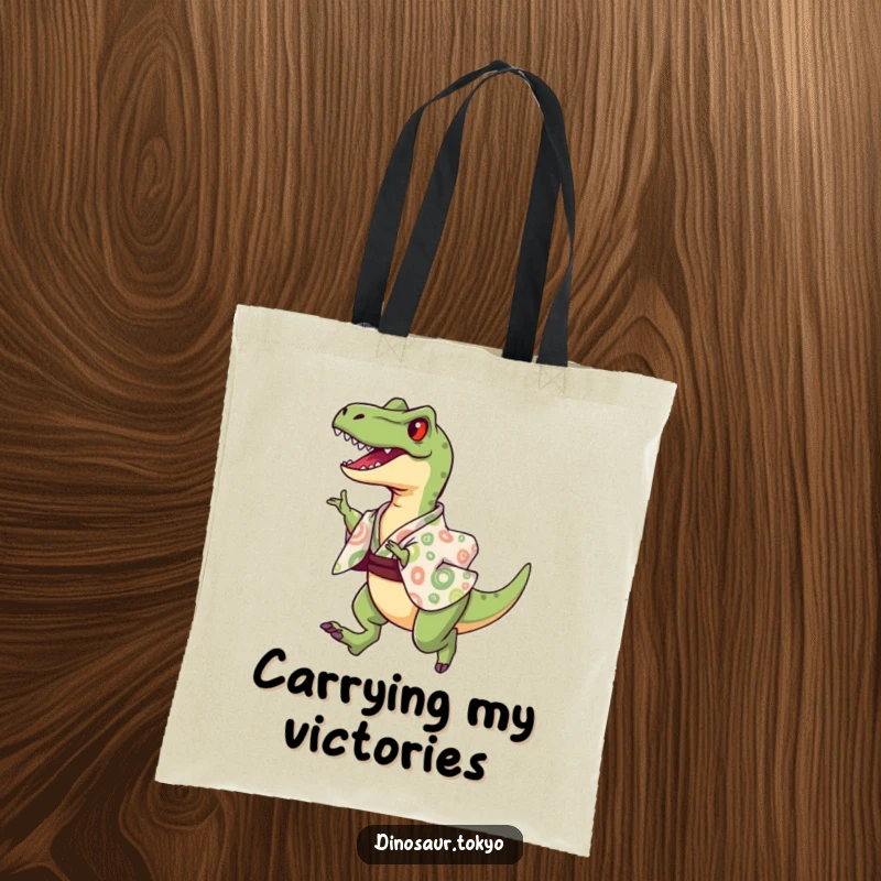 Funny Tote Bag showcasing a joyful velociraptor in a patterned kimono, performing a dynamic and triumphant leap, a fun accessory.