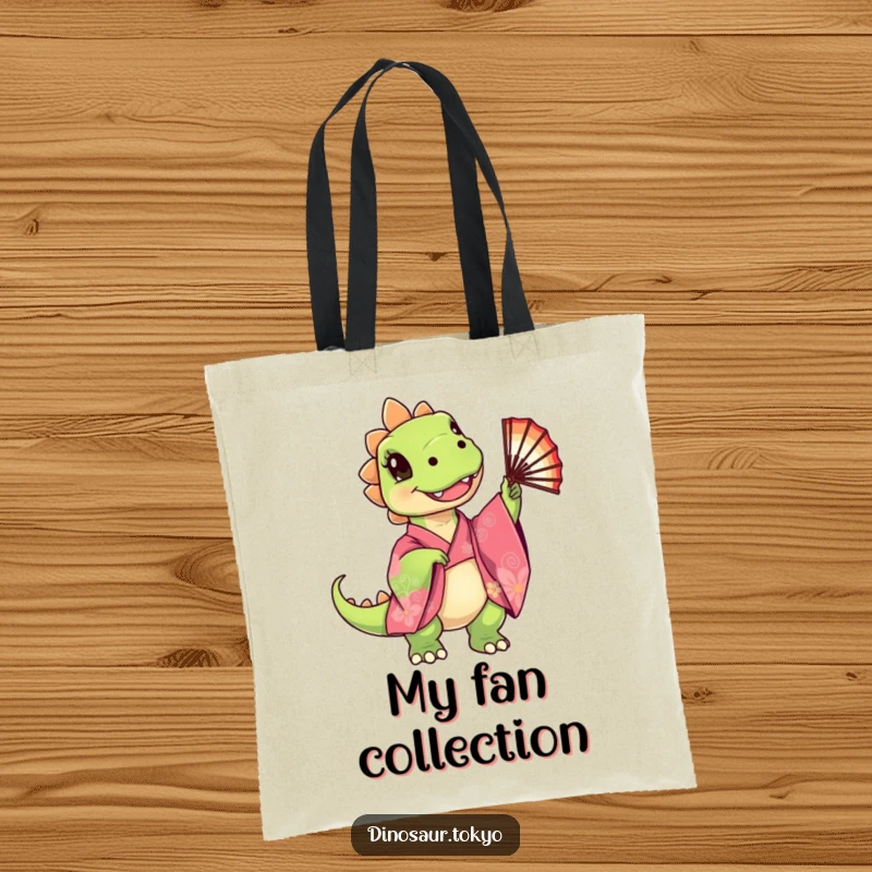 Funny Tote Bag with a cute dinosaur in a kimono twirling a fan, a functional and funny gift for daily use.