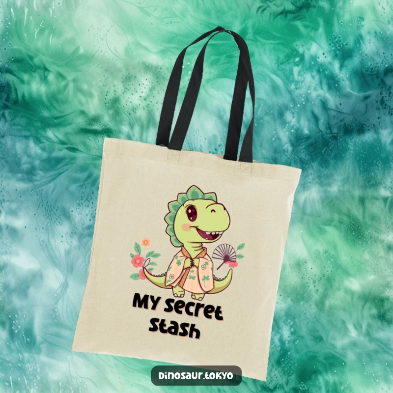 Funny tote bag showcasing a curious dinosaur in a floral kimono, peeking from behind a beautifully designed fan.
